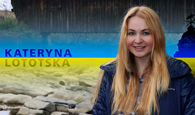 Graphic of Kateryna Lototska with her name in capital letters and a covered bridge and blue and yellow stripes in the background.