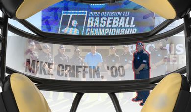 A look out from an umpire mask to view an image of Mike Griffin 