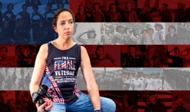 Micaila Britto-Patten sits in front of an American flag graphic featuring female veterans