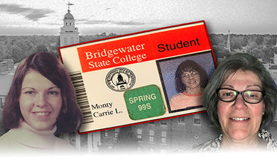 A graphic featuring photos of Carrie Monty and her student ID card.