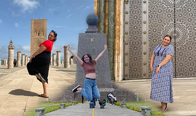 BSU students pose in front of landmarks in Morocco and Ecuador.